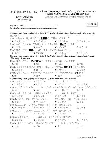 Đề tham khảo thi Trung học phổ thông Quốc gia môn Tiếng Nhật năm 2017 - Mã đề: 3