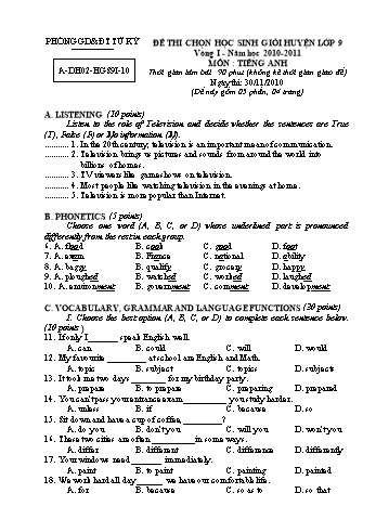 Đề thi chọn học sinh giỏi Huyện môn Tiếng Anh Lớp 9 - Vòng I - Năm học 2010-2011 - Phòng GD&ĐT Tứ Kỳ (Có đáp án)