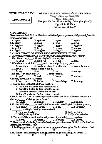Đề thi chọn học sinh giỏi Huyện môn Tiếng Anh Lớp 9 - Vòng I - Năm học 2009-2010 - Phòng GD&ĐT Tứ Kỳ (Có đáp án)