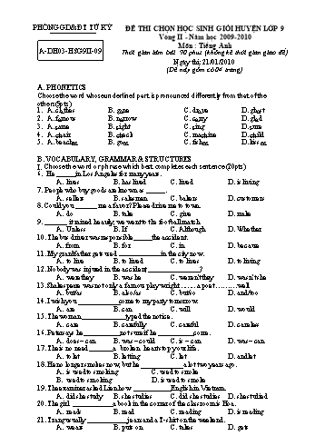 Đề thi chọn học sinh giỏi Huyện môn Tiếng Anh Lớp 9 - Vòng II - Năm học 2009-2010 - Phòng GD&ĐT Tứ Kỳ (Có đáp án)