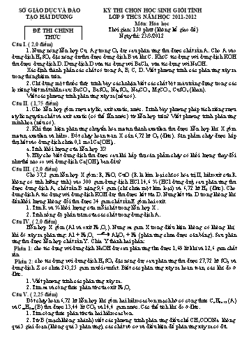 Đề thi chọn học sinh giỏi môn Hóa học Lớp 9 THCS - Năm học 2011-2012 - Sở GD&ĐT Hải Dương (Có đáp án)