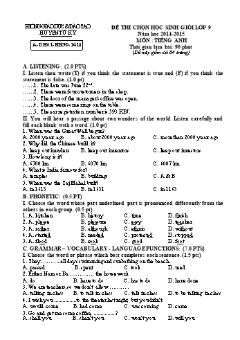 Đề thi chọn học sinh giỏi môn Tiếng Anh Lớp 9 - Năm học 2014-2015 - Phòng GD&ĐT Tứ Kỳ (Kèm đáp án + file nghe)