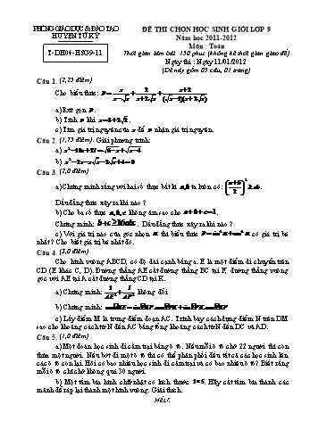 Đề thi chọn học sinh giỏi môn Toán Lớp 9 - Đề số 4 - Năm học 2011-2012 - Phòng GD&ĐT Tứ Kỳ (Có đáp án)