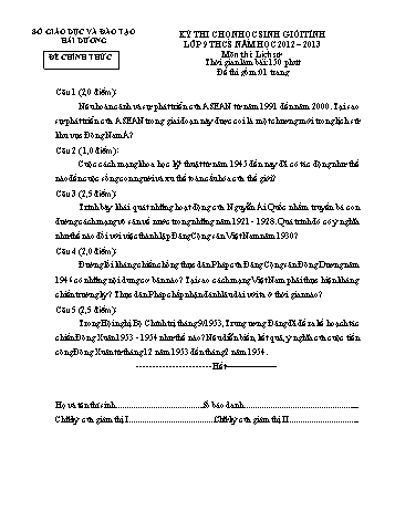 Đề thi chọn học sinh giỏi Tỉnh môn Lịch sử Lớp 9 THCS - Năm học 2012-2013 - Sở GD&ĐT Hải Dương (Có đáp án)