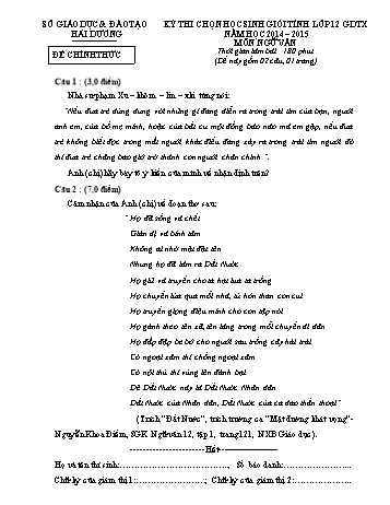 Đề thi chọn học sinh giỏi Tỉnh môn Ngữ Văn Lớp 12 GDTX - Năm học 2014-2015 - Sở GD&ĐT Hải Dương (Có đáp án)