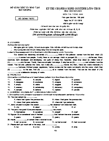 Đề thi chọn học sinh giỏi Tỉnh môn Tiếng Anh Lớp 9 THCS - Năm học 2012-2013 - Sở GD&ĐT Hải Dương (Kèm đáp án)