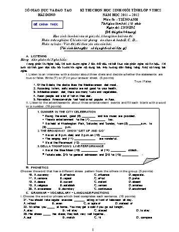 Đề thi chọn học sinh giỏi Tỉnh môn Tiếng Anh Lớp 9 THCS - Năm học 2011-2012 - Sở GD&ĐT Hải Dương