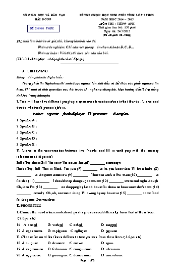 Đề thi chọn học sinh giỏi Tỉnh môn Tiếng Anh Lớp 9 THCS - Năm học 2014-2015 - Sở GD&ĐT Hải Dương (Kèm đáp án)