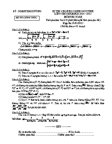 Đề thi chọn học sinh giỏi Tỉnh môn Toán Lớp 9 THCS - Năm học 2014-2015 - Sở GD&ĐT Hải Dương (Có đáp án)