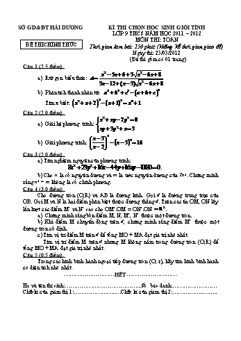 Đề thi chọn học sinh giỏi Tỉnh môn Toán Lớp 9 THCS - Năm học 2011-2012 - Sở GD&ĐT Hải Dương (Có đáp án)