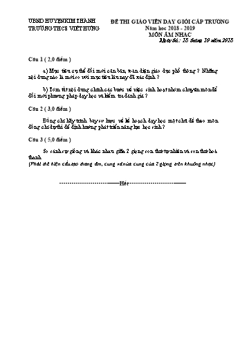 Đề thi giáo viên dạy giỏi cấp Trường môn Âm nhạc Lớp 9 - Năm học 2018-2019 - Trường THCS Việt Hưng (Có đáp án)