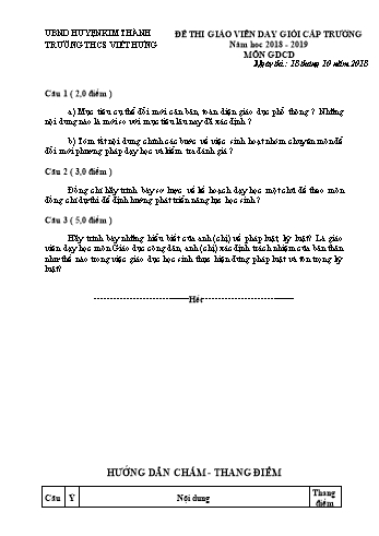 Đề thi giáo viên dạy giỏi cấp Trường môn GDCD Lớp 9 - Năm học 2018-2019 - Trường THCS Việt Hưng (Có đáp án)
