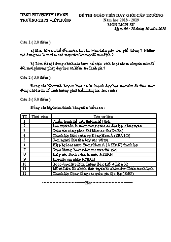 Đề thi giáo viên dạy giỏi cấp Trường môn Lịch sử Lớp 9 - Năm học 2018-2019 - Trường THCS Việt Hưng (Có đáp án)