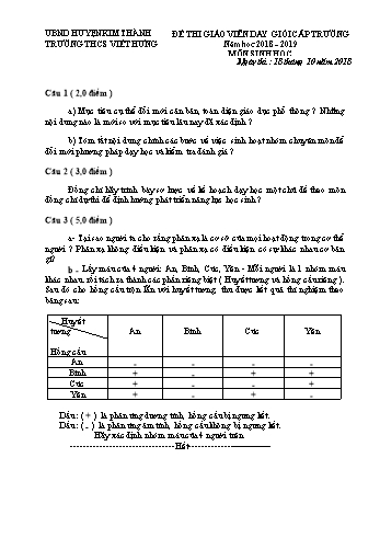 Đề thi giáo viên dạy giỏi cấp Trường môn Sinh học Lớp 9 - Năm học 2018-2019 - Trường THCS Việt Hưng (Có đáp án)