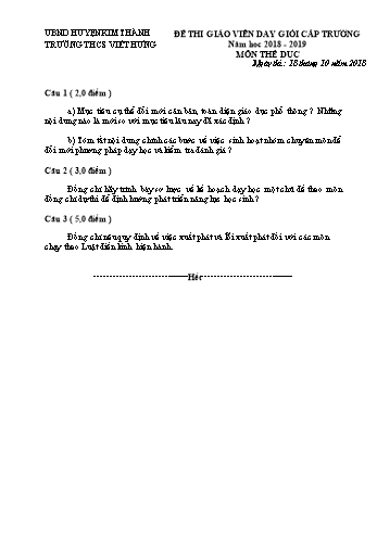 Đề thi giáo viên dạy giỏi cấp Trường môn Thể dục Lớp 9 - Năm học 2018-2019 - Trường THCS Việt Hưng (Có đáp án)
