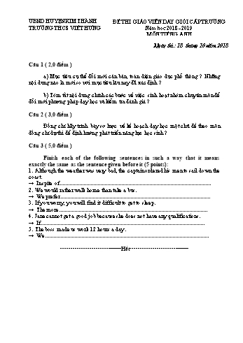Đề thi giáo viên dạy giỏi cấp Trường môn Tiếng Anh Lớp 9 - Năm học 2018-2019 - Trường THCS Việt Hưng (Có đáp án)