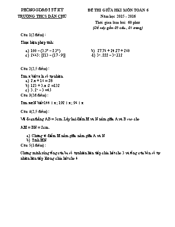 Đề thi giữa học kì I môn Toán Khối THCS - Năm học 2015-2016 - Trường THCS Dân Chủ (Có đáp án)