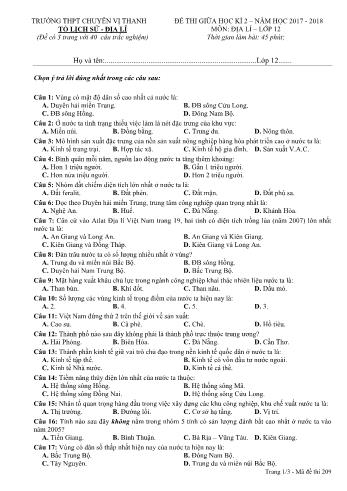 Đề thi giữa học kì II môn Địa lí Lớp 12 - Mã đề: 209 - Năm học 2017-2018 - Trường THPT Chuyên Vị Thanh