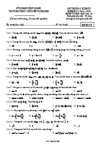 Đề thi học kì I môn Toán Lớp 10 - Mã đề: 926 - Năm học 2019-2020 - Trường THPT Chuyên Vị Thanh (Kèm đáp án)