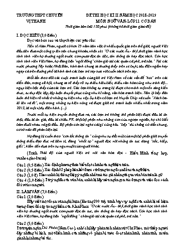 Đề thi học kì II môn Ngữ Văn Lớp 11 Cơ bản - Năm học 2018-2019 - Trường THPT Chuyên Vị Thanh (Có đáp án)