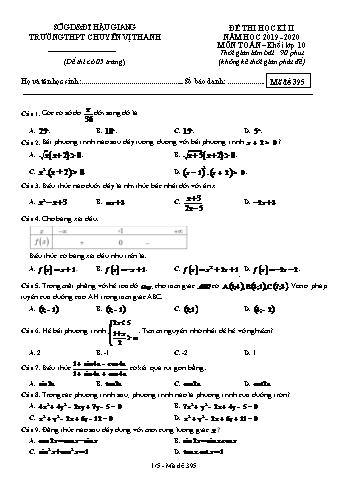 Đề thi học kì II môn Toán Lớp 10 - Mã đề: 395 - Năm học 2019-2020 - Trường THPT Chuyên Vị Thanh (Kèm đáp án)