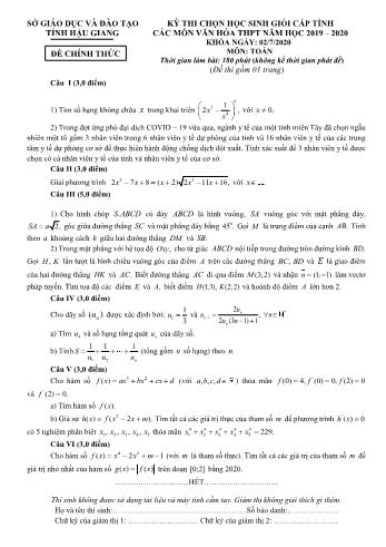 Đề thi học sinh giỏi cấp Tỉnh môn Toán Lớp 12 - Năm học 2019-2020 - Sở GD&ĐT Hậu Giang (Có đáp án)