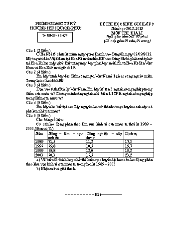 Đề thi học sinh giỏi môn Địa lí Lớp 9 - Năm học 2012-2013 - Trường THCS Quang Phục (Có đáp án)