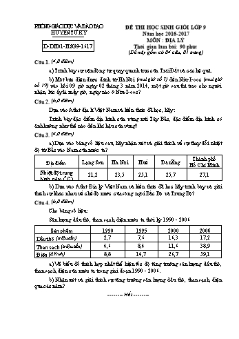 Đề thi học sinh giỏi môn Địa lí Lớp 9 - Năm học 2016-2017 - Phòng GD&ĐT Tứ Kỳ (Có đáp án)