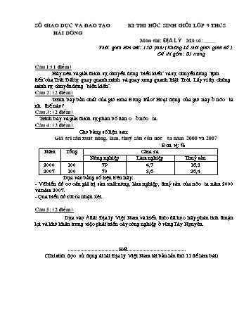 Đề thi học sinh giỏi môn Địa lí Lớp 9 THCS - Năm học 2012-2013 - Sở GD&ĐT Hải Dương (Có đáp án)