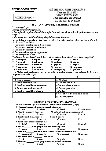 Đề thi học sinh giỏi môn Tiếng Anh Lớp 9 - Năm học 2012-2013 - Phòng GD&ĐT Tứ Kỳ (Có đáp án)