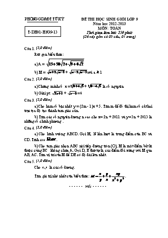 Đề thi học sinh giỏi môn Toán Lớp 9 - Năm học 2012-2013 - Phòng GD&ĐT Tứ Kỳ (Có đáp án)