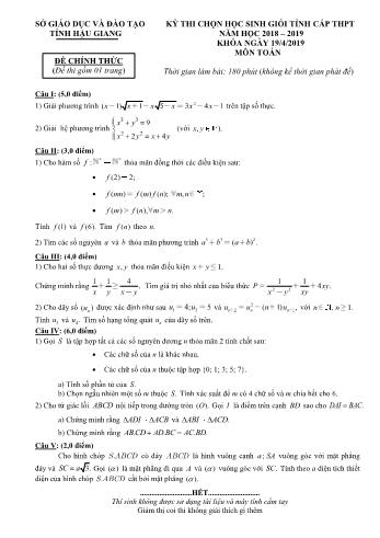 Đề thi học sinh giỏi Tỉnh cấp THPT môn Toán Lớp 12 - Năm học 2019-2020 - Sở GD&ĐT Hậu Giang (Có đáp án)