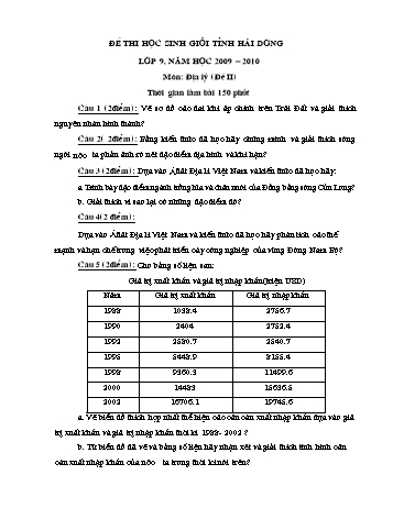 Đề thi học sinh giỏi Tỉnh môn Địa lí Lớp 9 - Đề II - Năm học 2009-2010 - Sở GD&ĐT Hải Dương (Có đáp án)