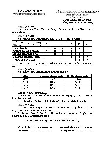 Đề thi thử học sinh giỏi môn Địa lí Lớp 9 - Năm học 2014-2015 - Trường THCS Việt Hưng (Có đáp án)