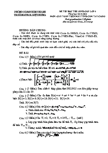 Đề thi thử học sinh giỏi môn Giải toán trên máy tính cầm tay Casio Lớp 9 - Năm học 2015-2016 - Trường THCS Việt Hưng (Có đáp án)