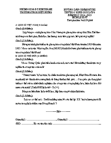 Đề thi thử học sinh giỏi môn Lịch sử Lớp 9 - Đợt 1 - Năm học 2014-2015 - Trường THCS Việt Hưng (Có đáp án)