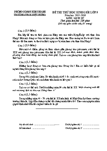 Đề thi thử học sinh giỏi môn Lịch sử Lớp 9 - Năm học 2015-2016 - Trường THCS Việt Hưng (Có đáp án)