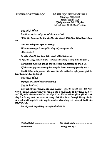 Đề thi thử học sinh giỏi môn Ngữ Văn Lớp 9 - Năm học 2012-2013 - Phòng GD&ĐT Gia Lộc (Có đáp án)