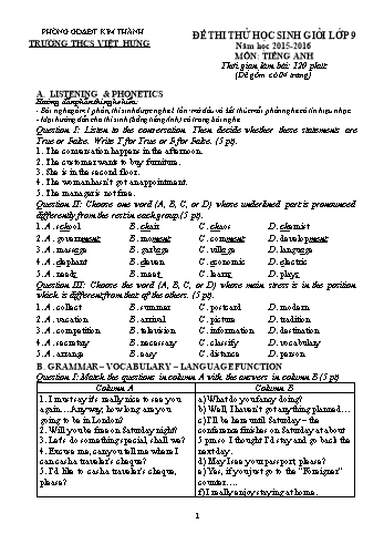 Đề thi thử học sinh giỏi môn Tiếng Anh Lớp 9 - Năm học 2015-2016 - Trường THCS Việt Hưng (Kèm đáp án+file nghe)