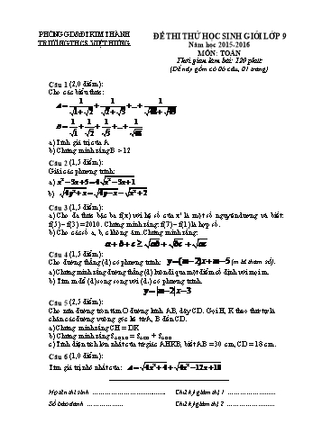 Đề thi thử học sinh giỏi môn Toán Khối 9 - Năm học 2015-2016 - Trường THCS Việt Hưng (Có đáp án)