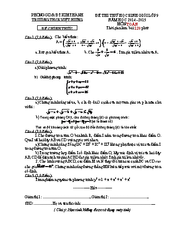 Đề thi thử học sinh giỏi môn Toán Lớp 9 - Đợt 1 - Năm học 2014-2015 - Trường THCS Việt Hưng (Có đáp án)