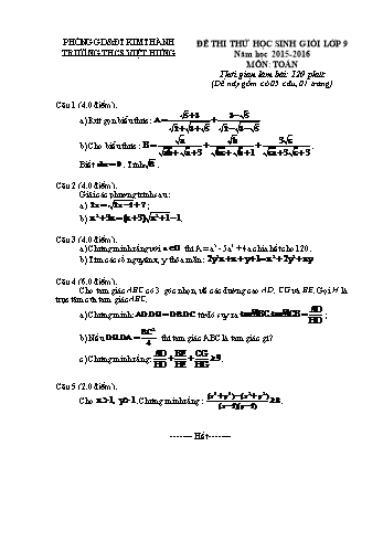 Đề thi thử học sinh giỏi môn Toán Lớp 9 - Năm học 2015-2016 - Trường THCS Việt Hưng (Có đáp án)