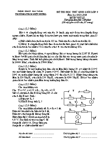 Đề thi thử học sinh giỏi môn Vật lý Lớp 9 - Năm học 2015-2016 - Trường THCS Việt Hưng (Có đáp án)