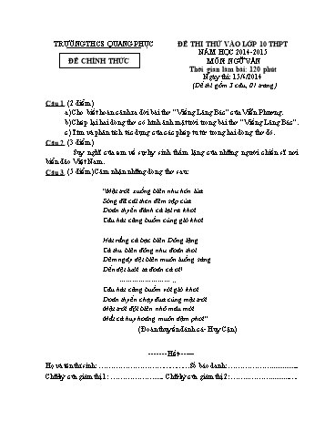 Đề thi thử môn Ngữ Văn vào Lớp 10 THPT - Năm học 2014-2015 - Trường THCS Quang Phục (Có đáp án)
