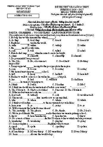 Đề thi thử môn Tiếng Anh vào Lớp 10 THPT - Năm học 2016-2017 - Phòng GD&ĐT Tứ Kỳ (Có đáp án)