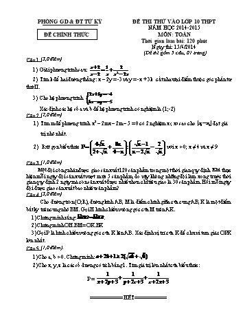Đề thi thử môn Toán vào Lớp 10 THPT - Năm học 2014-2015 - Phòng GD&ĐT Tứ Kỳ (Kèm đáp án)