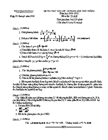 Đề thi thử môn Toán vào Lớp 10 THPT - Năm học 2014-2015 - Trường THCS Quang Khải (Có đáp án)