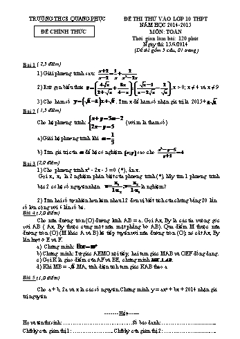 Đề thi thử môn Toán vào Lớp 10 THPT - Năm học 2014-2015 - Trường THCS Quang Phục (Có đáp án)