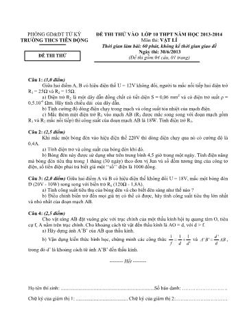 Đề thi thử môn Vật lý vào Lớp 10 THPT - Năm học 2013-2014 - Trường THCS Tiên Động (Có đáp án)