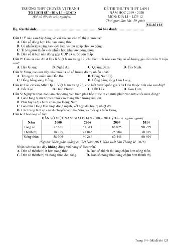 Đề thi thử Tốt nghiệp THPT lần 1 môn Địa lí Lớp 12 - Mã đề: 123 - Trường THPT Chuyên Vị Thanh